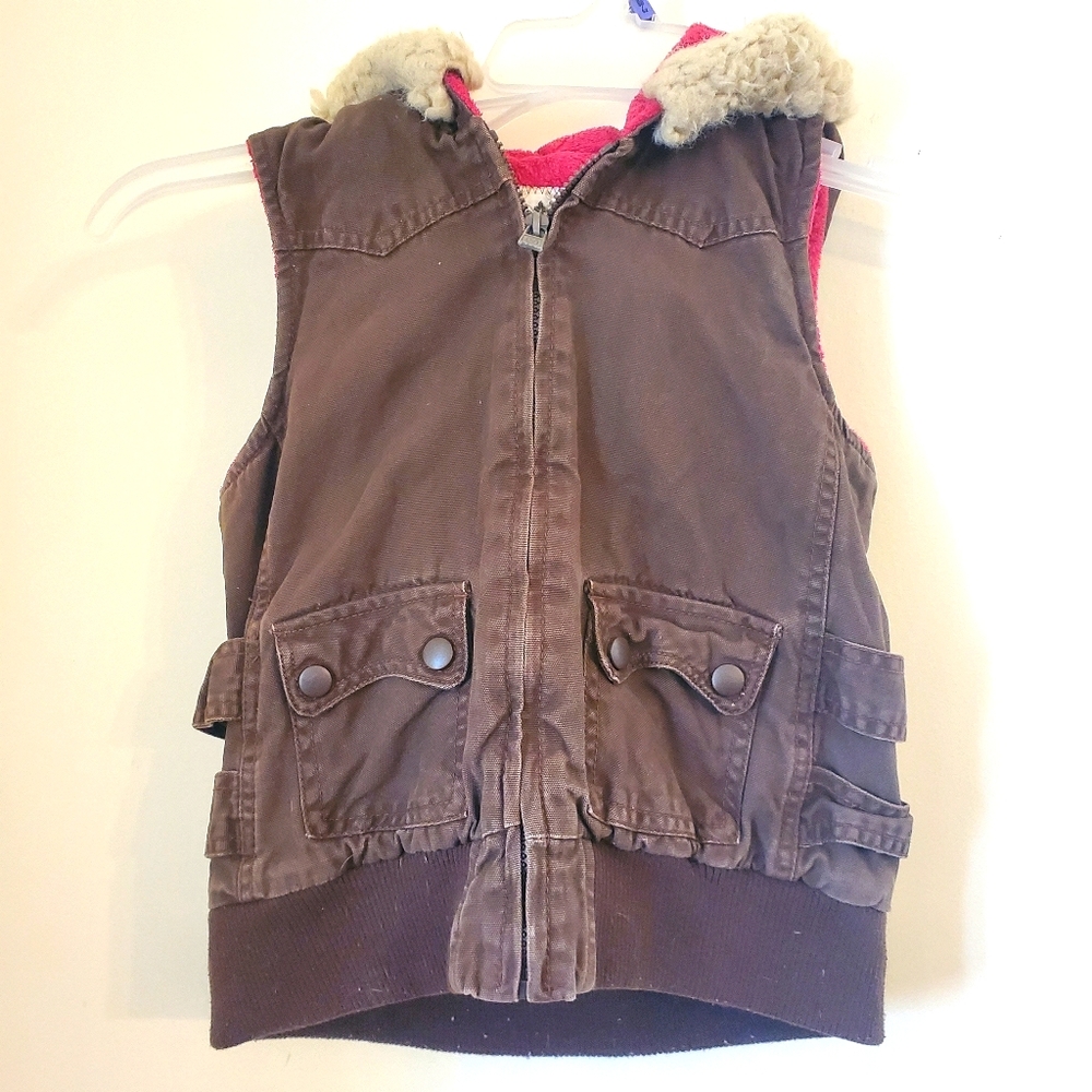 Nori Girls Brown Denim Fur Hooded Zipper Vest